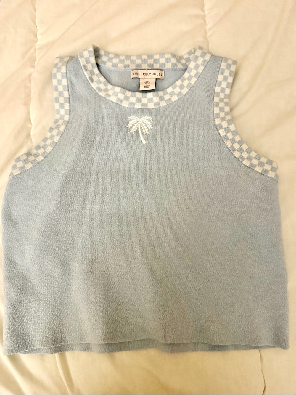 Sincerely Jules Light Blue Palm Embroidered Check-Trim Tank